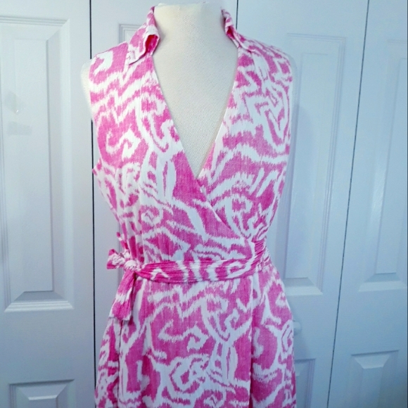 Pendleton Cotton Midi Dress Pink on White Sleeveless Wrap Lined Size 8 - Picture 2 of 16